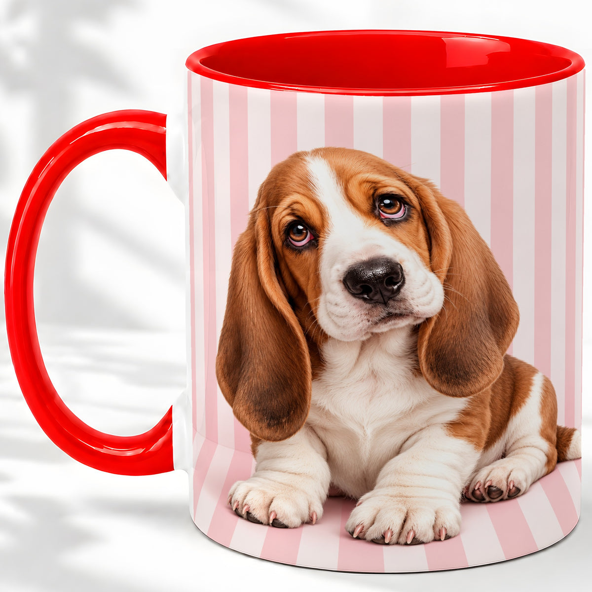 Basset Hound Puppy Ceramic Mug, Pink Stripe Dog Portrait Art
