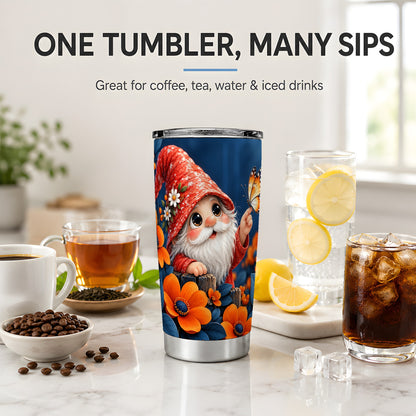 Garden Gnome 20oz Tumbler, Butterfly and Orange Floral Artwork