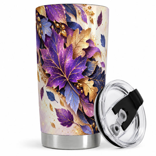 Purple Autumn Leaves 20oz Tumbler, Gold Botanical Artwork