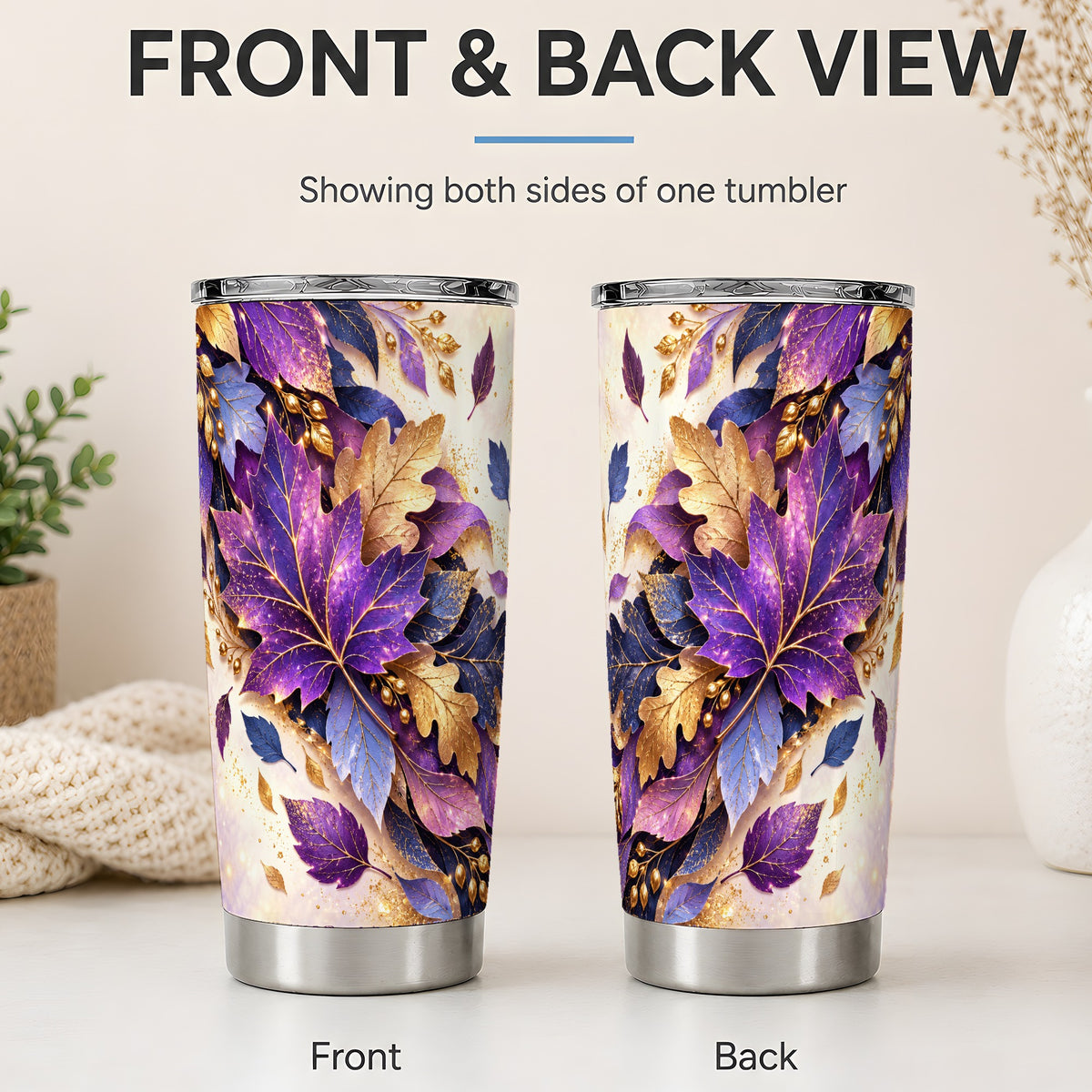#pl[20oz|Steel] Purple Autumn Leaves 20oz Tumbler, Gold Botanical Artwork