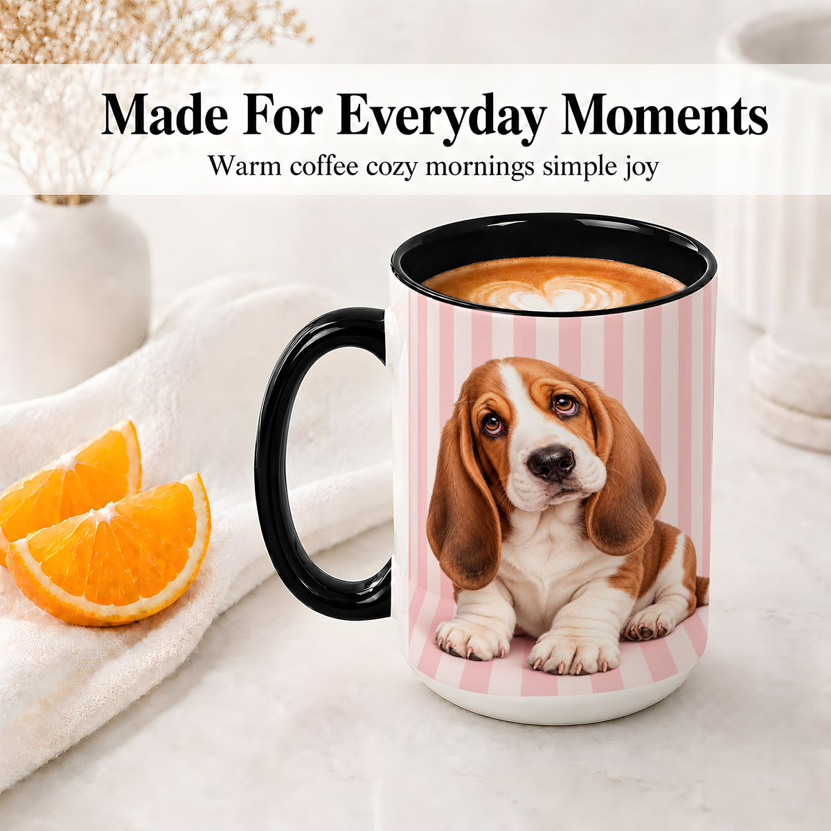 #pl[15oz|Black] Basset Hound Puppy Ceramic Mug, Pink Stripe Dog Portrait Art