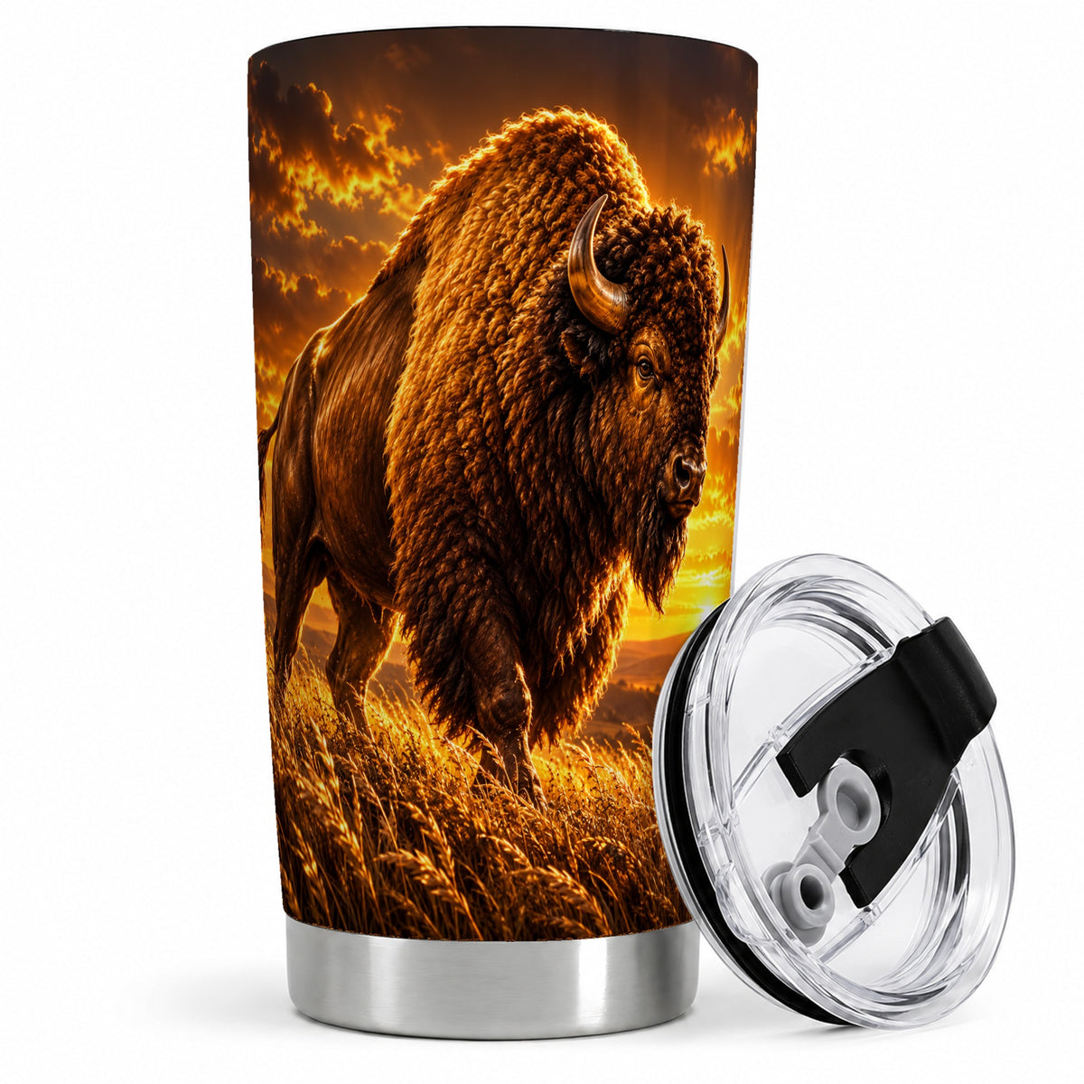American Bison 20oz Tumbler, Golden Sunset Prairie Artwork