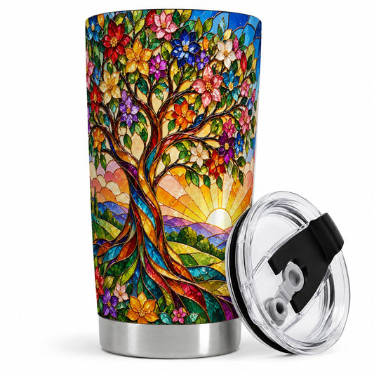 Colorful Floral Tree 20oz Tumbler, Stained Glass Style Artwork