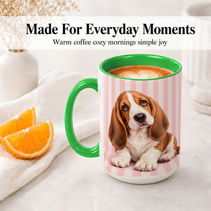 #pl[15oz|Green] Basset Hound Puppy Ceramic Mug, Pink Stripe Dog Portrait Art