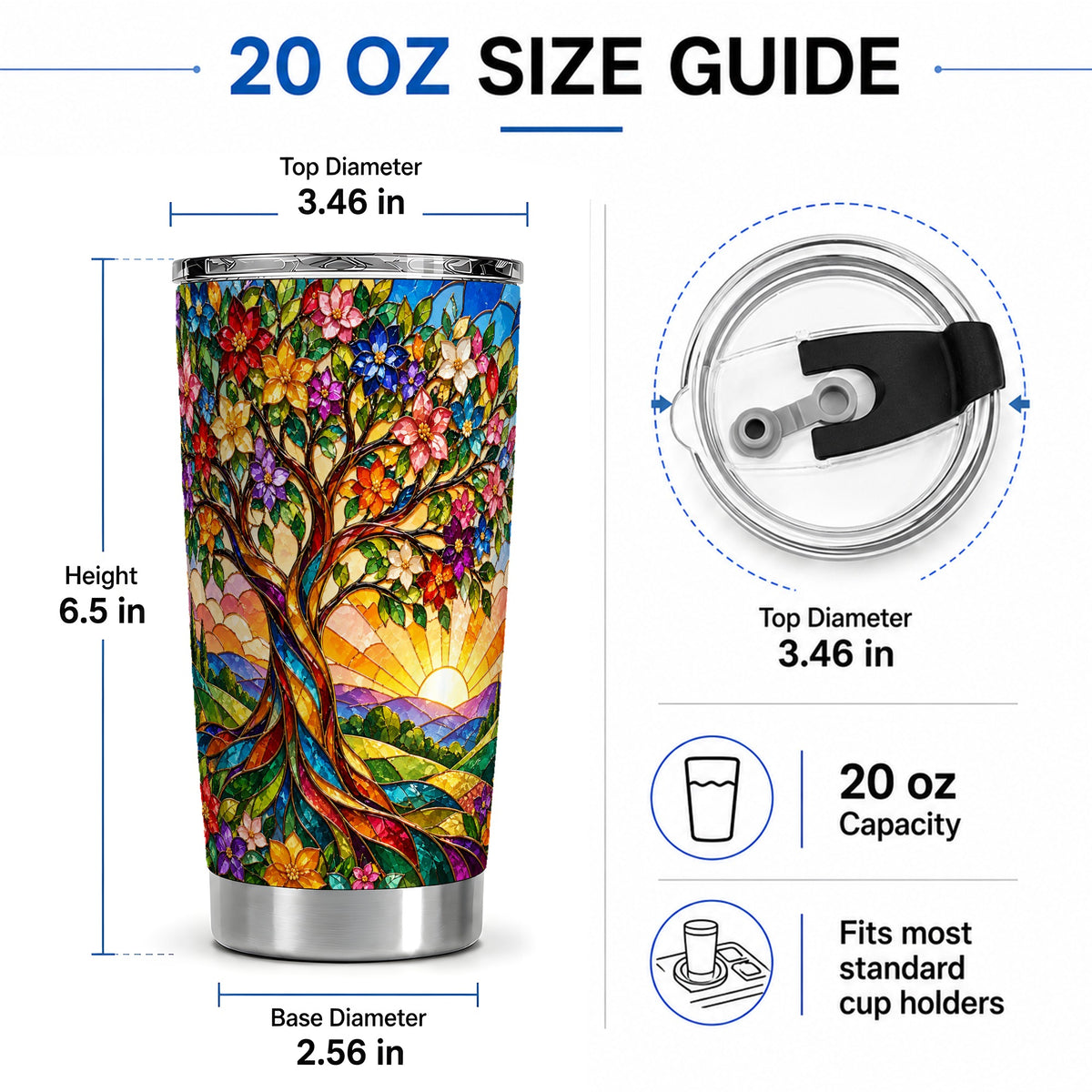 #pl[20oz|Steel] Colorful Floral Tree 20oz Tumbler, Stained Glass Style Artwork