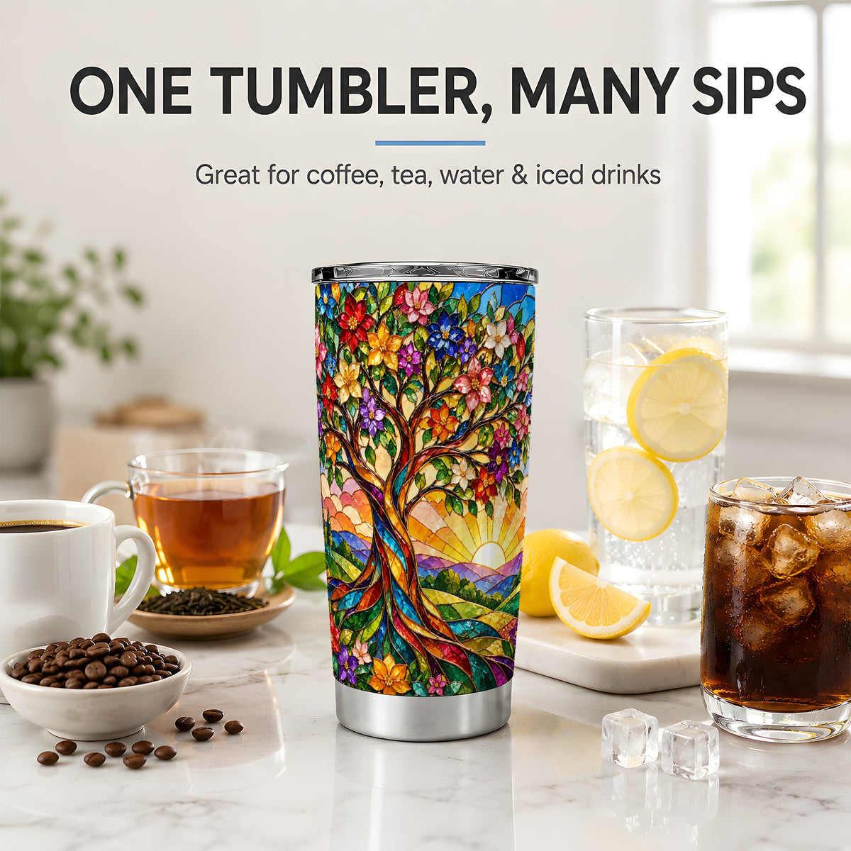Colorful Floral Tree 20oz Tumbler, Stained Glass Style Artwork