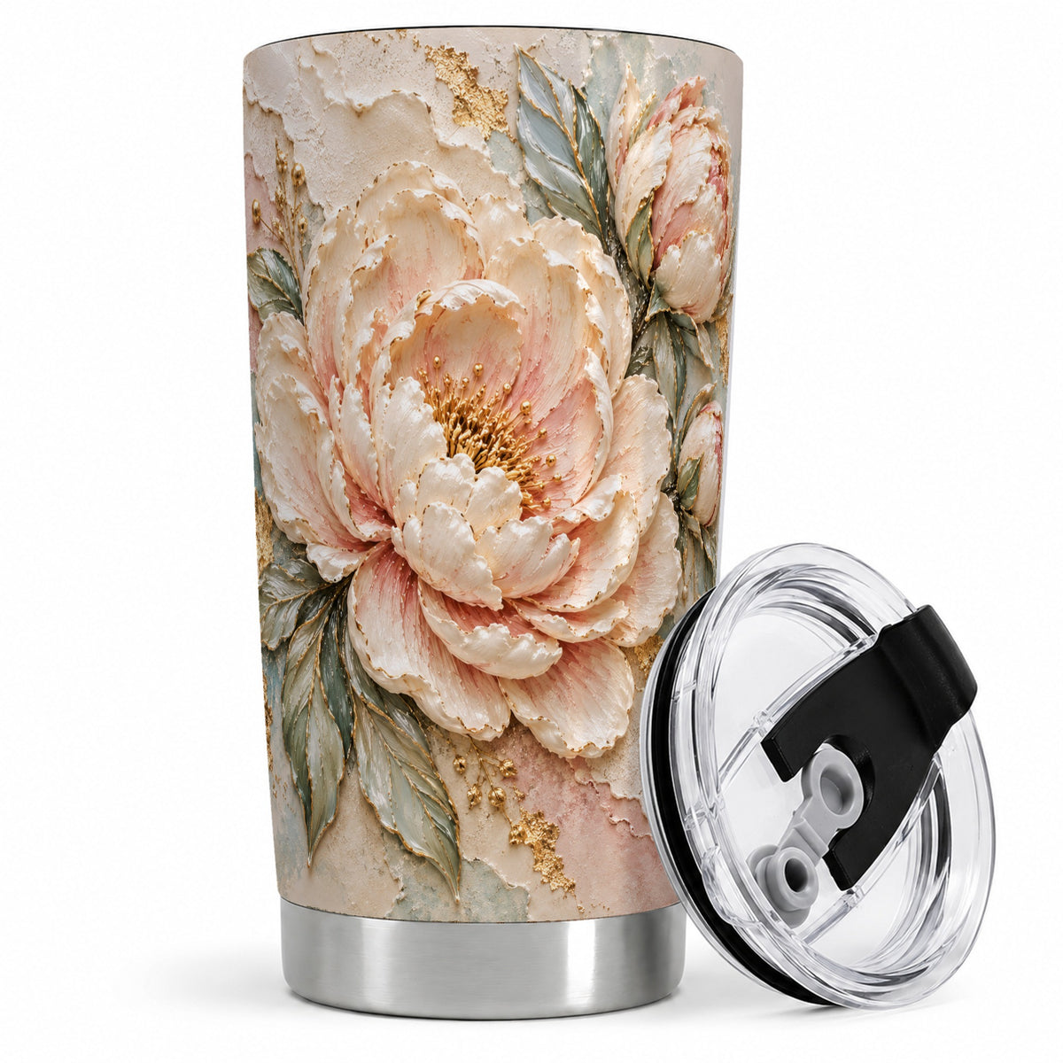 Blush Peony 20oz Tumbler, Soft Floral Gold-Tone Artwork