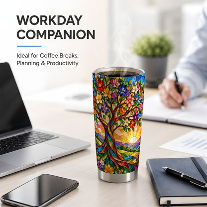 Colorful Floral Tree 20oz Tumbler, Stained Glass Style Artwork