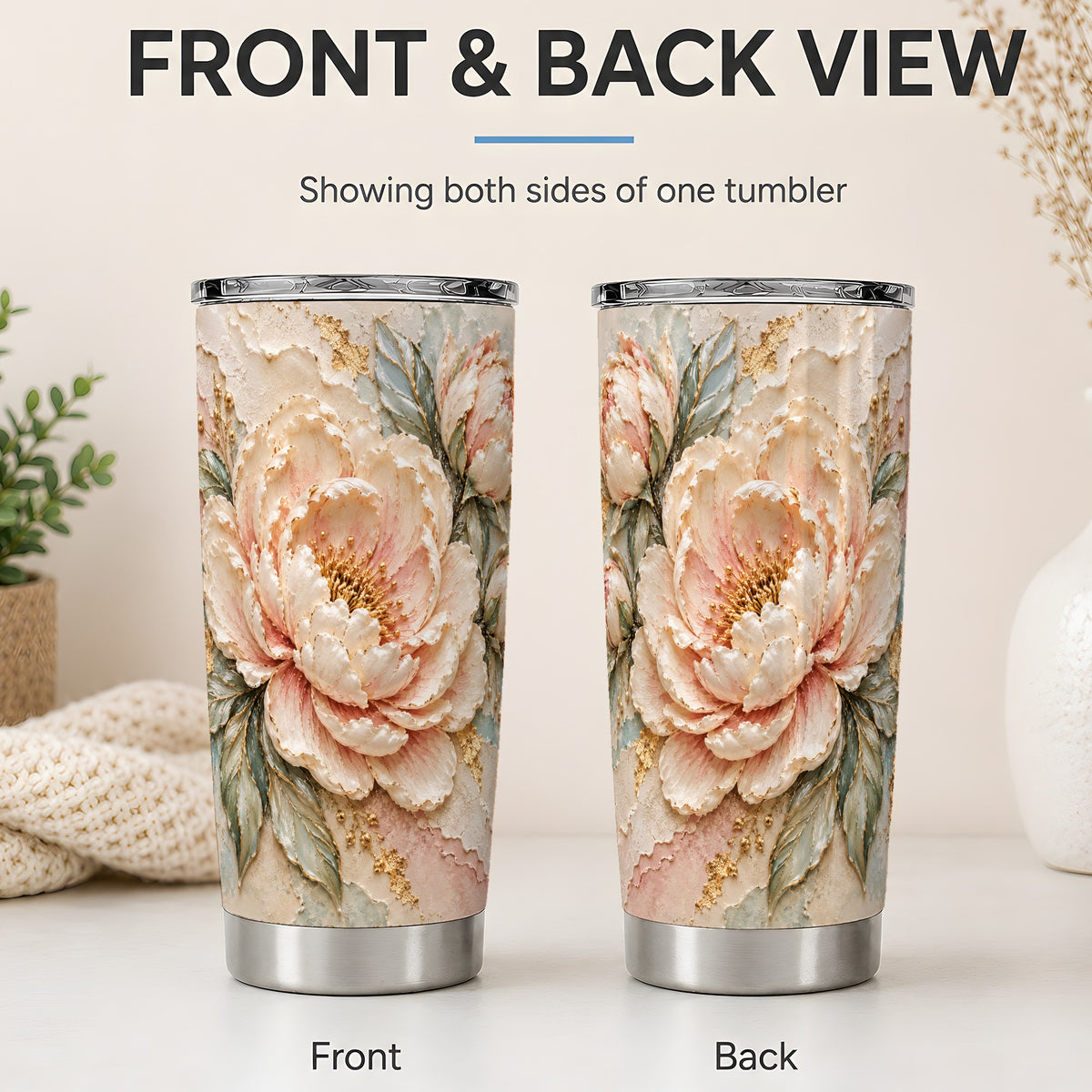 #pl[20oz|Steel] Blush Peony 20oz Tumbler, Soft Floral Gold-Tone Artwork