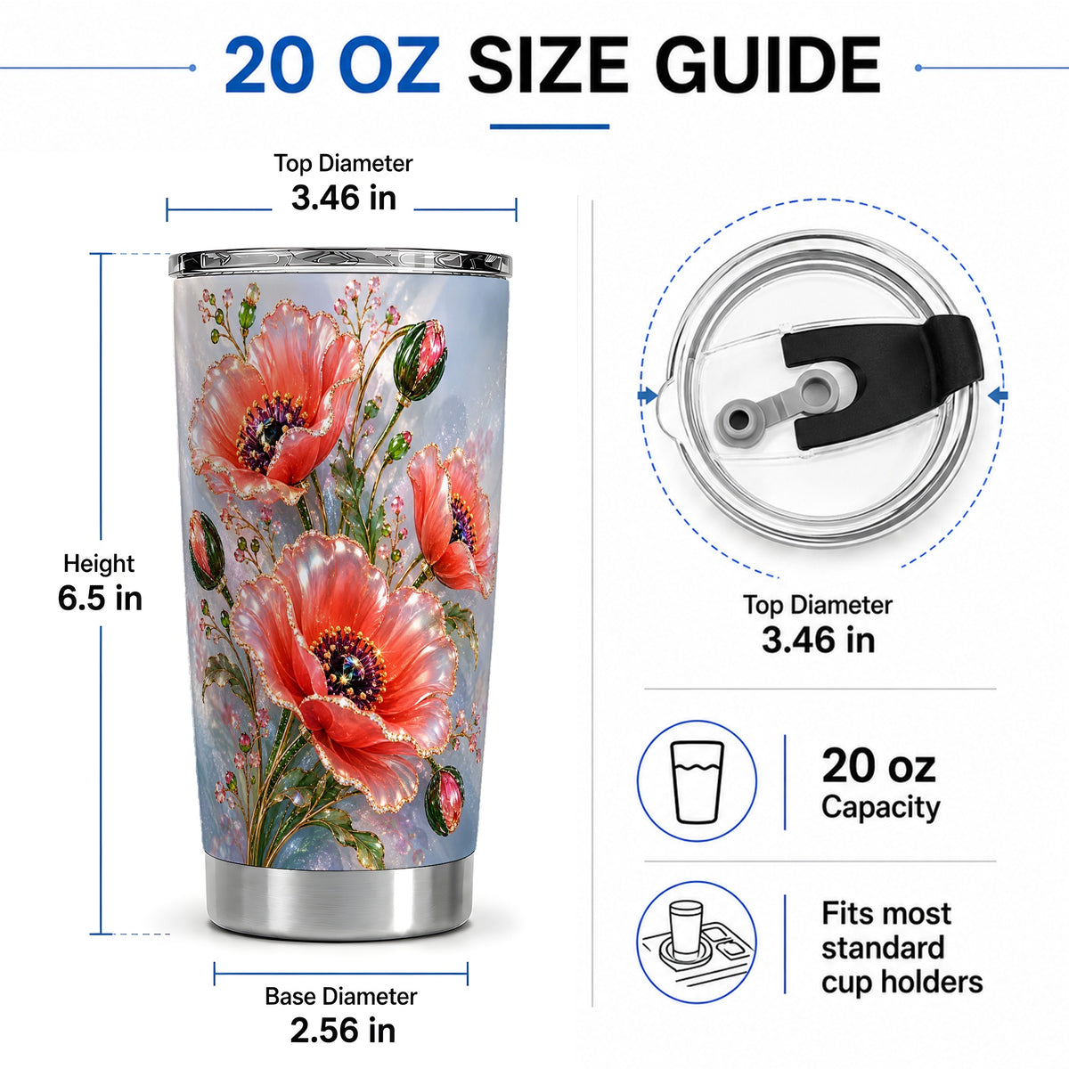 #pl[20oz|Steel] Coral Poppy 20oz Tumbler, Sparkling Floral Botanical Artwork
