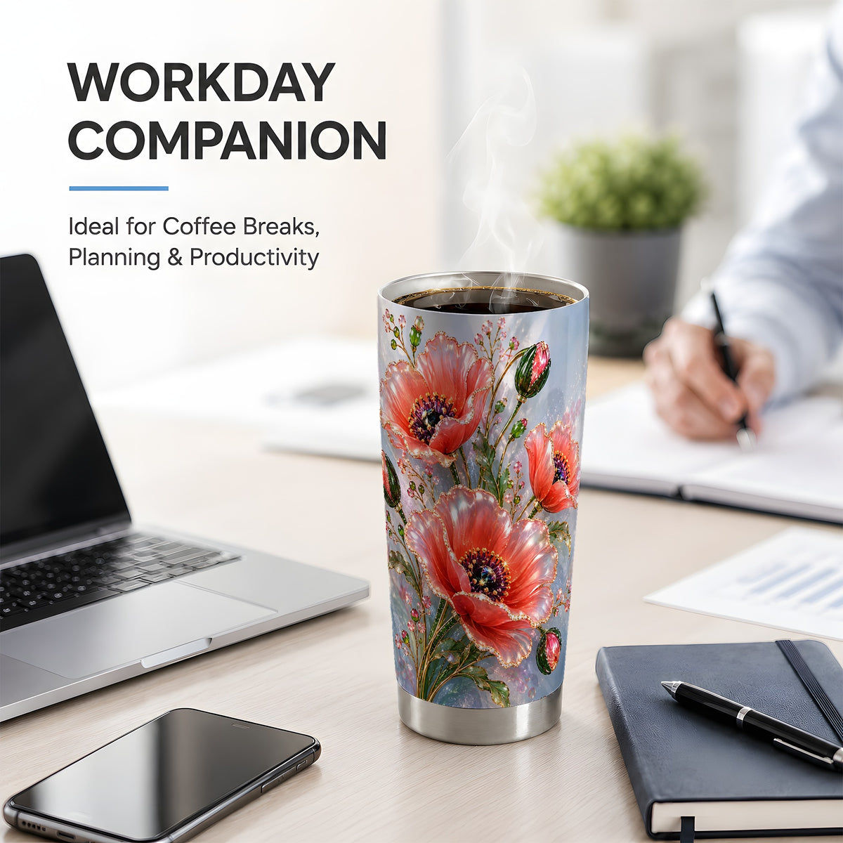 Coral Poppy 20oz Tumbler, Sparkling Floral Botanical Artwork