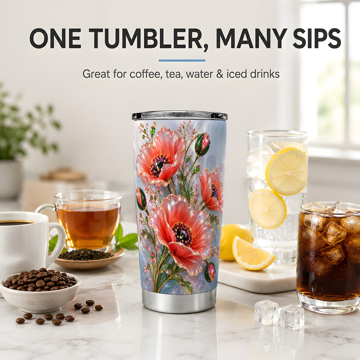 Coral Poppy 20oz Tumbler, Sparkling Floral Botanical Artwork