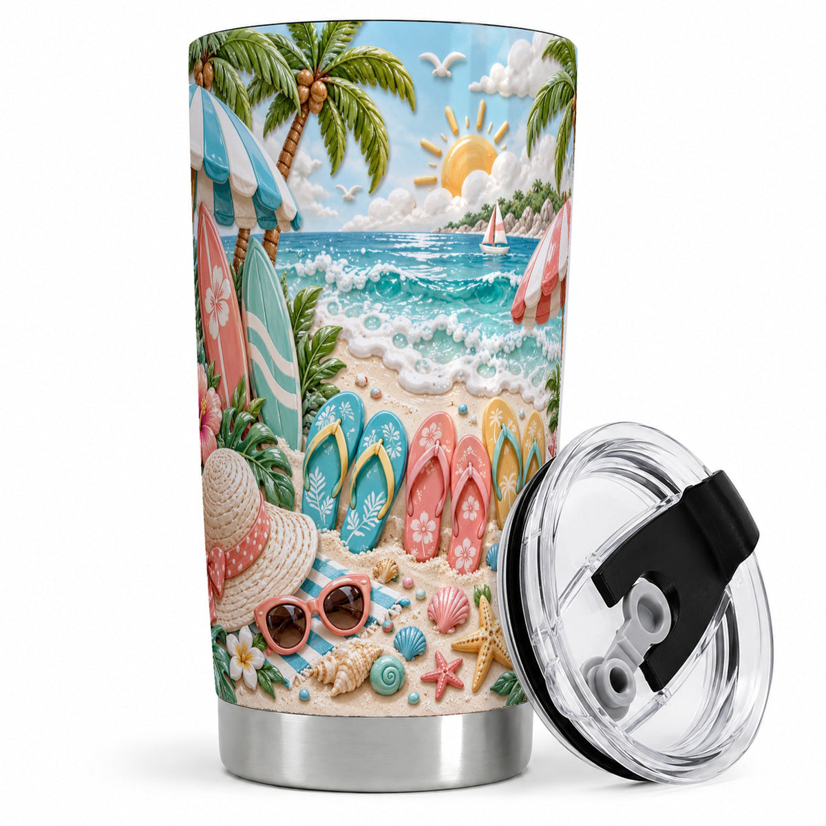 Tropical Beach 20oz Tumbler, Surfboards and Flip Flops Artwork