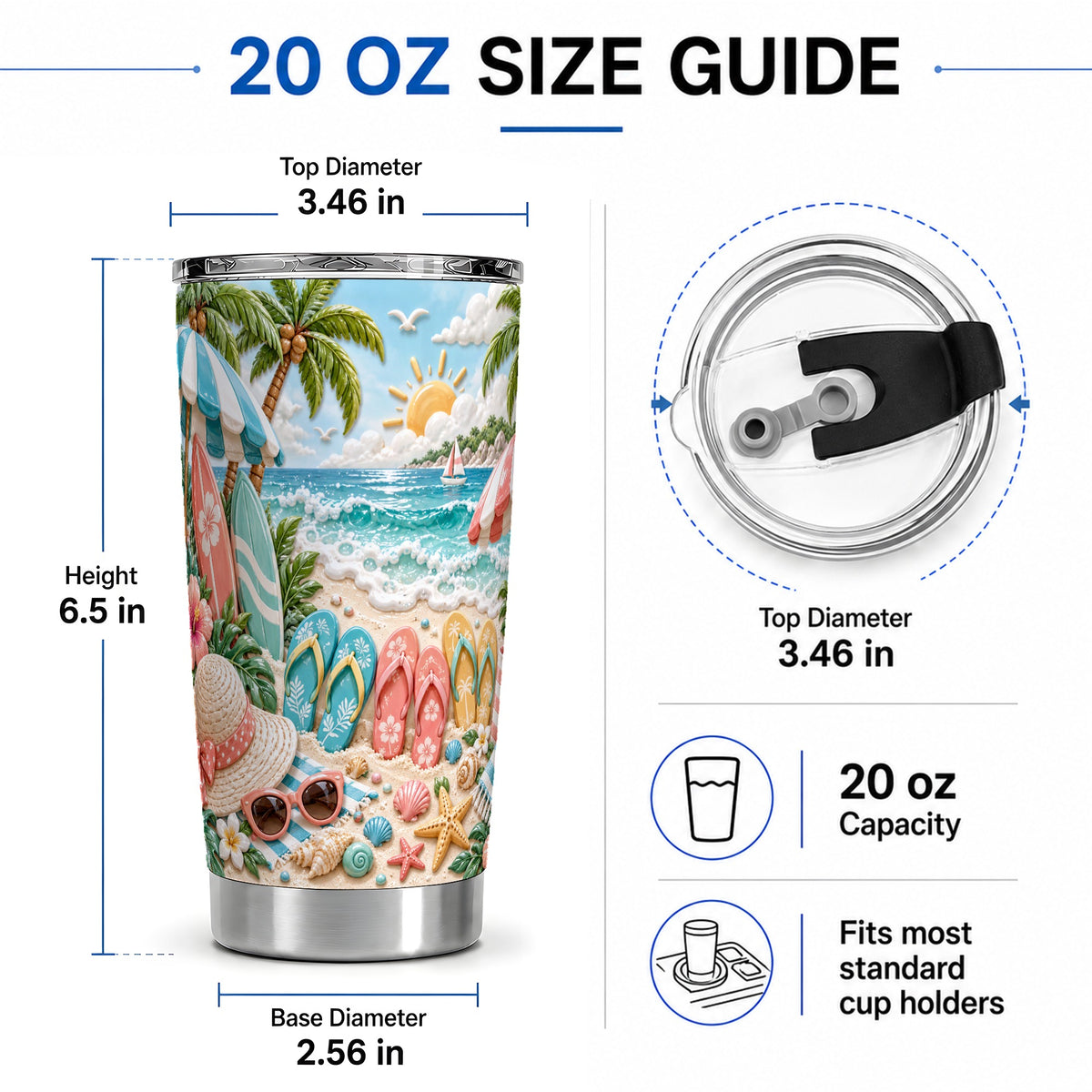 #pl[20oz|Steel] Tropical Beach 20oz Tumbler, Surfboards and Flip Flops Artwork