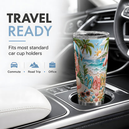 Tropical Beach 20oz Tumbler, Surfboards and Flip Flops Artwork