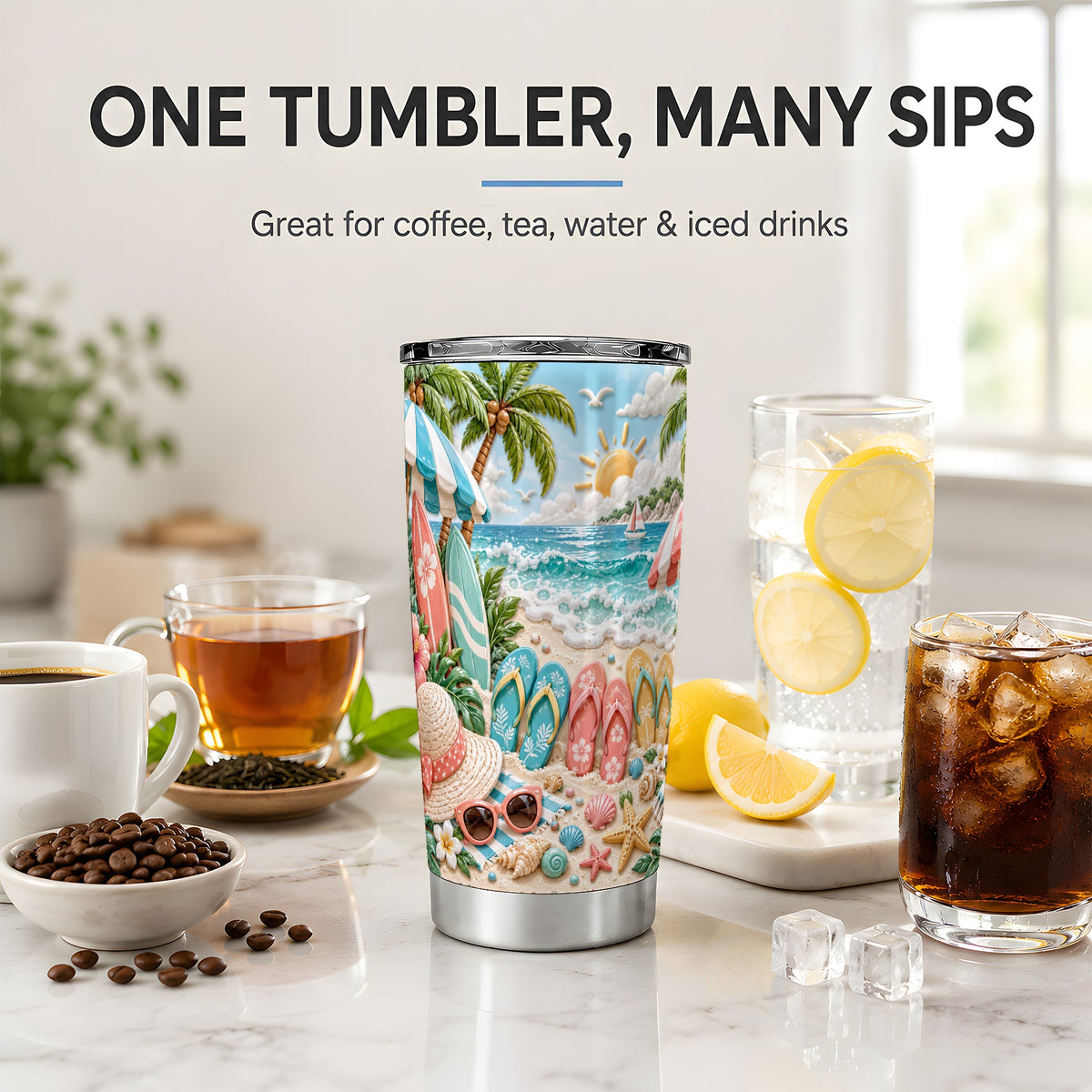 Tropical Beach 20oz Tumbler, Surfboards and Flip Flops Artwork