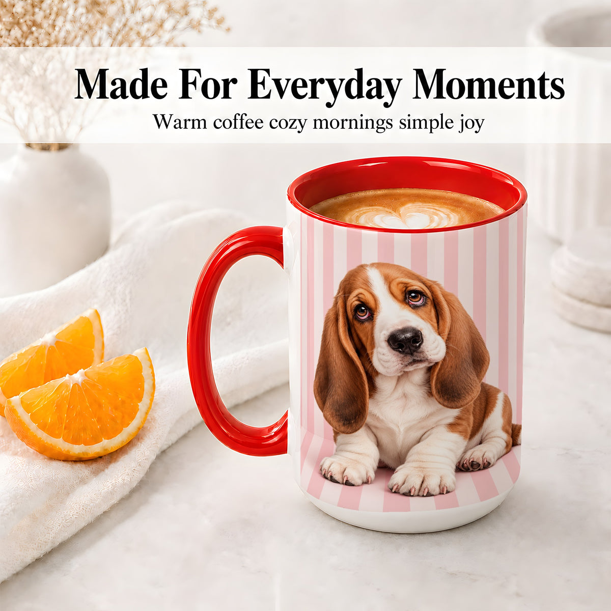 #pl[15oz|Red] Basset Hound Puppy Ceramic Mug, Pink Stripe Dog Portrait Art