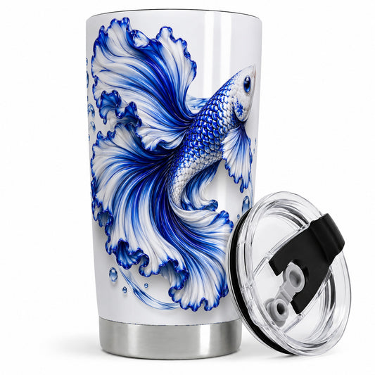 Blue Betta Fish 20oz Tumbler, Flowing Fin and Water Bubble Artwork
