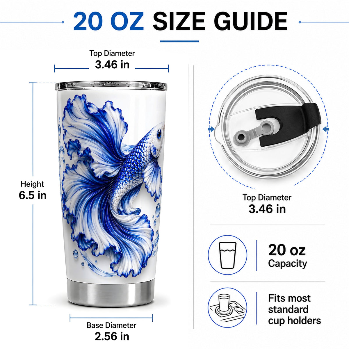 #pl[20oz|Steel] Blue Betta Fish 20oz Tumbler, Flowing Fin and Water Bubble Artwork