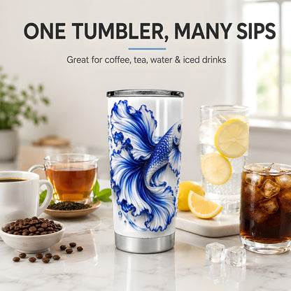Blue Betta Fish 20oz Tumbler, Flowing Fin and Water Bubble Artwork