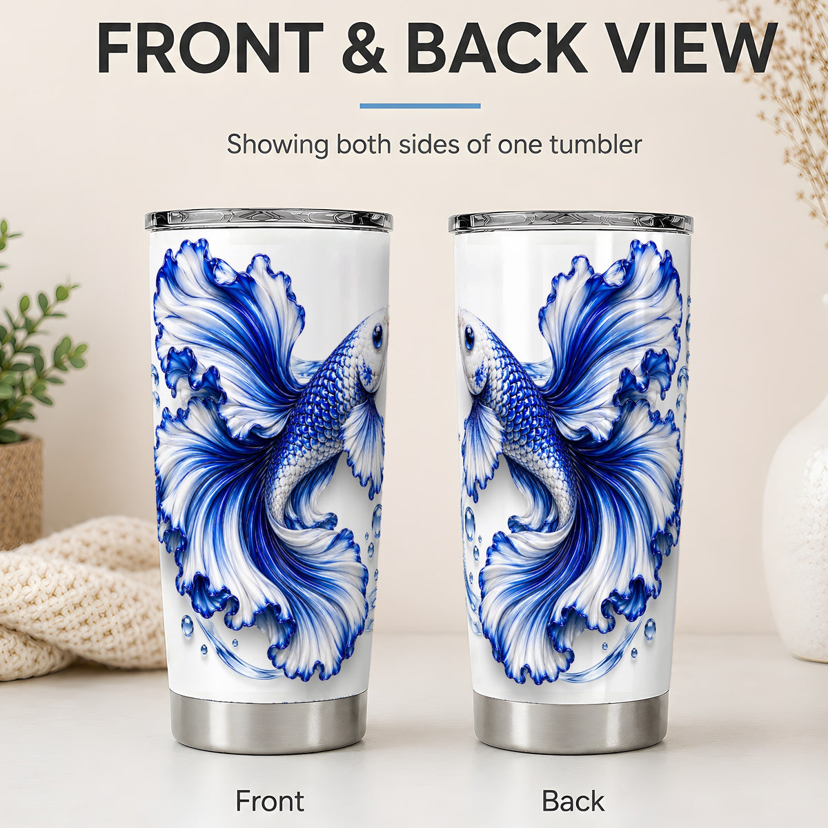 #pl[20oz|Steel] Blue Betta Fish 20oz Tumbler, Flowing Fin and Water Bubble Artwork