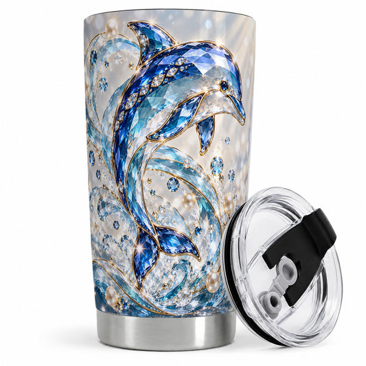 Blue Dolphin 20oz Tumbler, Faceted Ocean Wave and Pearl Artwork