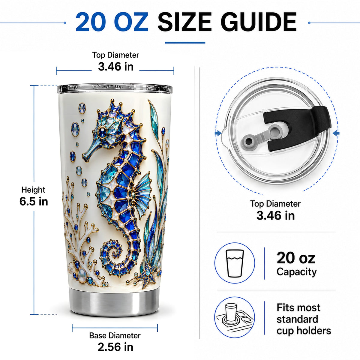 #pl[20oz|Steel] Blue Seahorse 20oz Tumbler, Faceted Coral and Aquatic Leaf Artwork