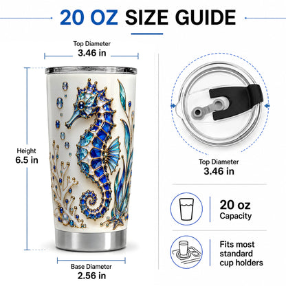 #pl[20oz|Steel] Blue Seahorse 20oz Tumbler, Faceted Coral and Aquatic Leaf Artwork