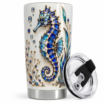Blue Seahorse 20oz Tumbler, Faceted Coral and Aquatic Leaf Artwork