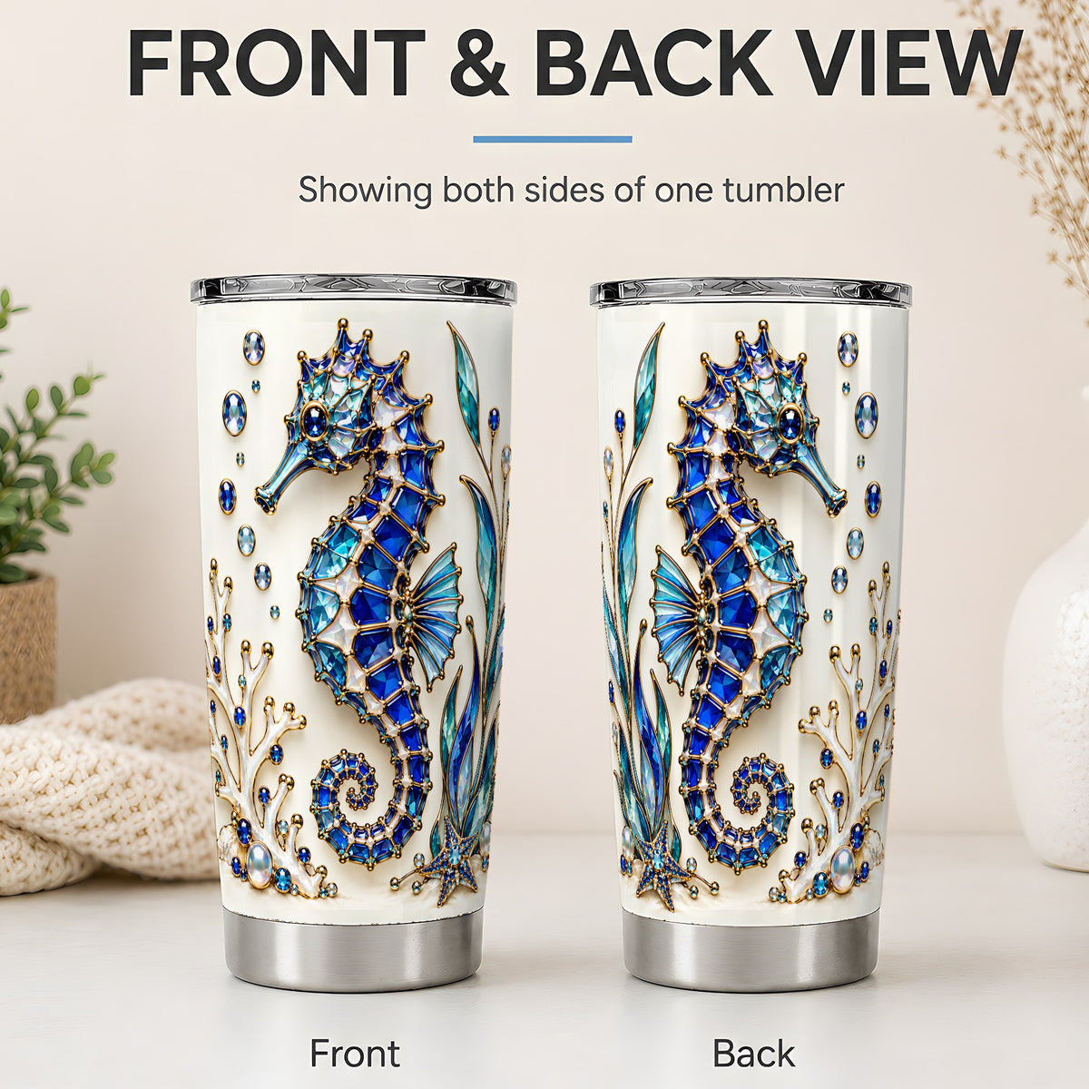 #pl[20oz|Steel] Blue Seahorse 20oz Tumbler, Faceted Coral and Aquatic Leaf Artwork