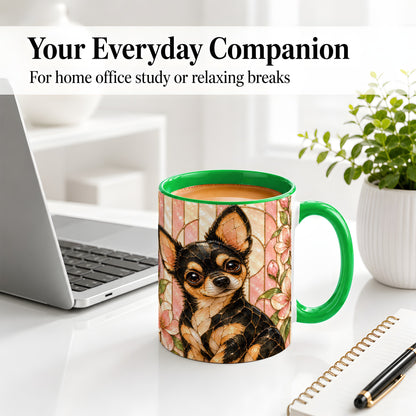 #pl[11oz|Green] Black Tan Chihuahua Ceramic Mug, Pink Floral Stained Glass Style