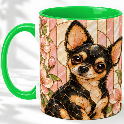 #pl[11oz|Green] Black Tan Chihuahua Ceramic Mug, Pink Floral Stained Glass Style