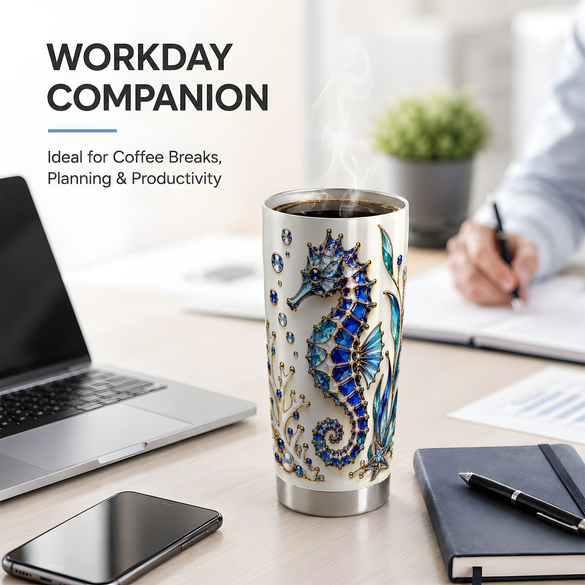 Blue Seahorse 20oz Tumbler, Faceted Coral and Aquatic Leaf Artwork