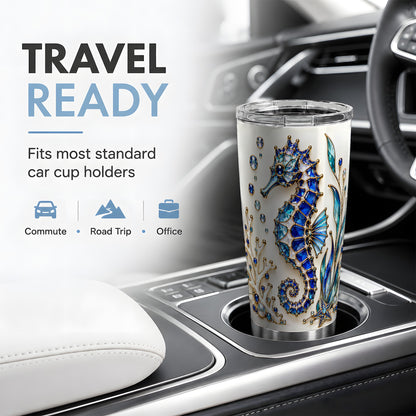 Blue Seahorse 20oz Tumbler, Faceted Coral and Aquatic Leaf Artwork