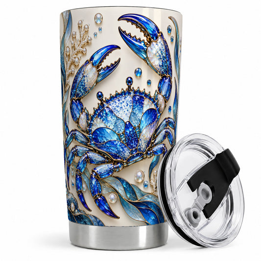 Blue Crab 20oz Tumbler, Faceted Seaweed Coral and Pearl Artwork