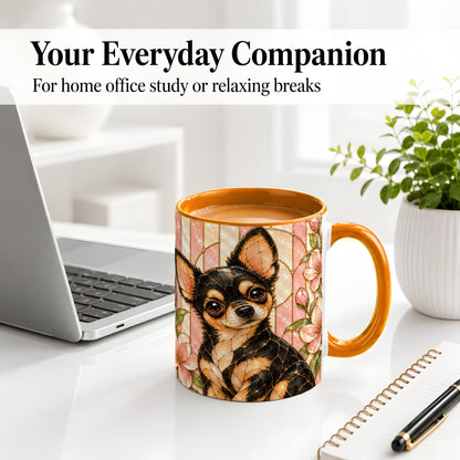 #pl[11oz|Orange] Black Tan Chihuahua Ceramic Mug, Pink Floral Stained Glass Style