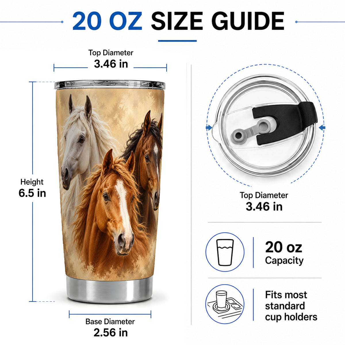 #pl[20oz|Steel] Three Horse Portrait 20oz Tumbler, Rustic Equestrian Artwork