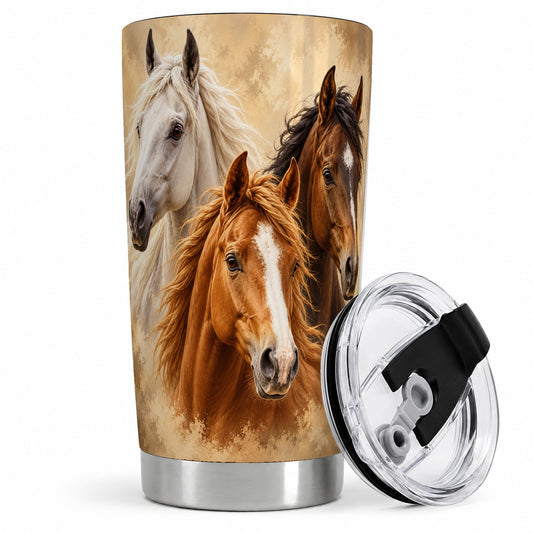 Three Horse Portrait 20oz Tumbler, Rustic Equestrian Artwork