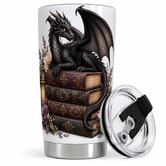 Black Dragon Books 20oz Tumbler, Gothic Fantasy Floral Artwork