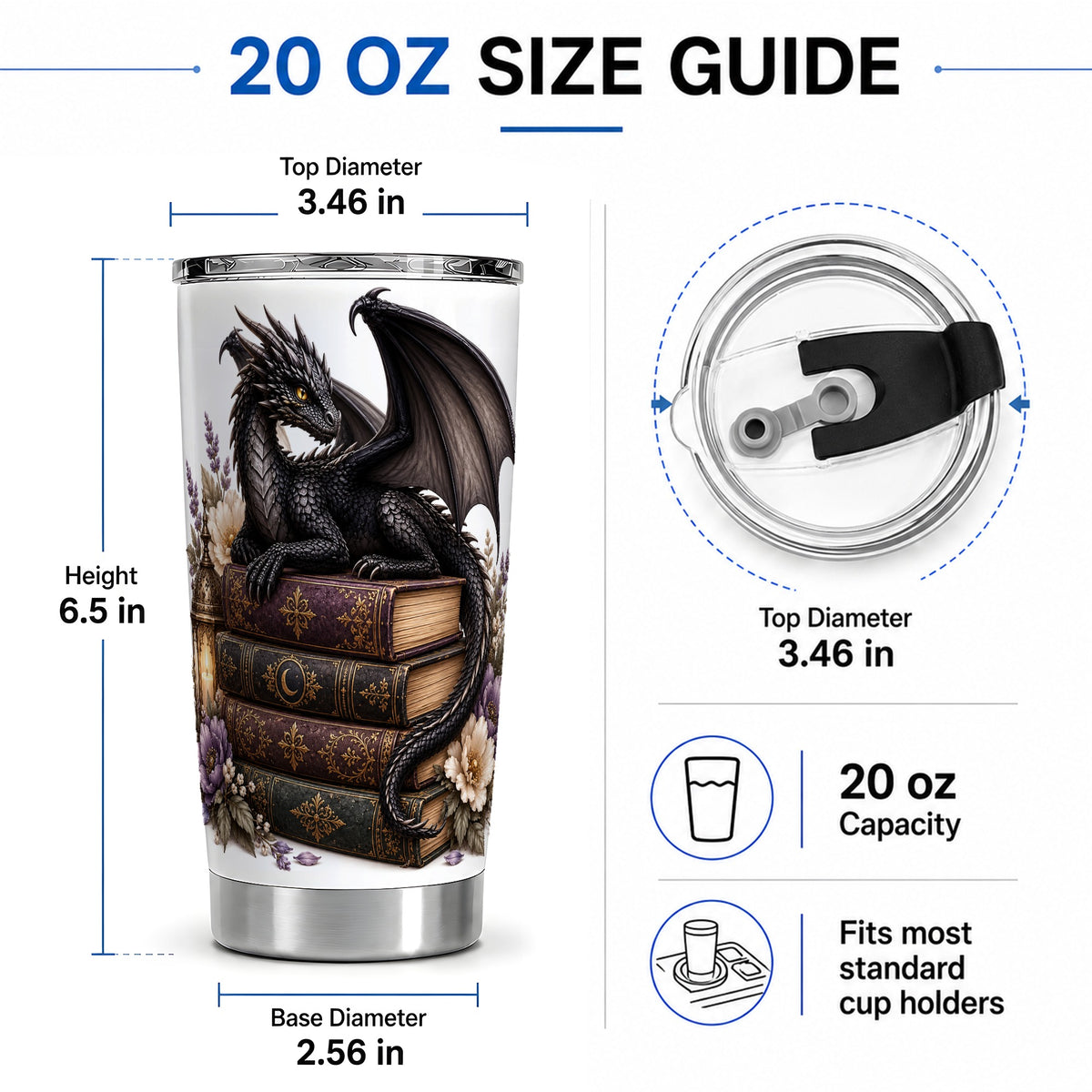 #pl[20oz|Steel] Black Dragon Books 20oz Tumbler, Gothic Fantasy Floral Artwork