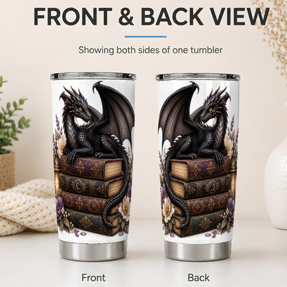 #pl[20oz|Steel] Black Dragon Books 20oz Tumbler, Gothic Fantasy Floral Artwork