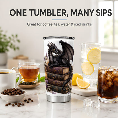 Black Dragon Books 20oz Tumbler, Gothic Fantasy Floral Artwork