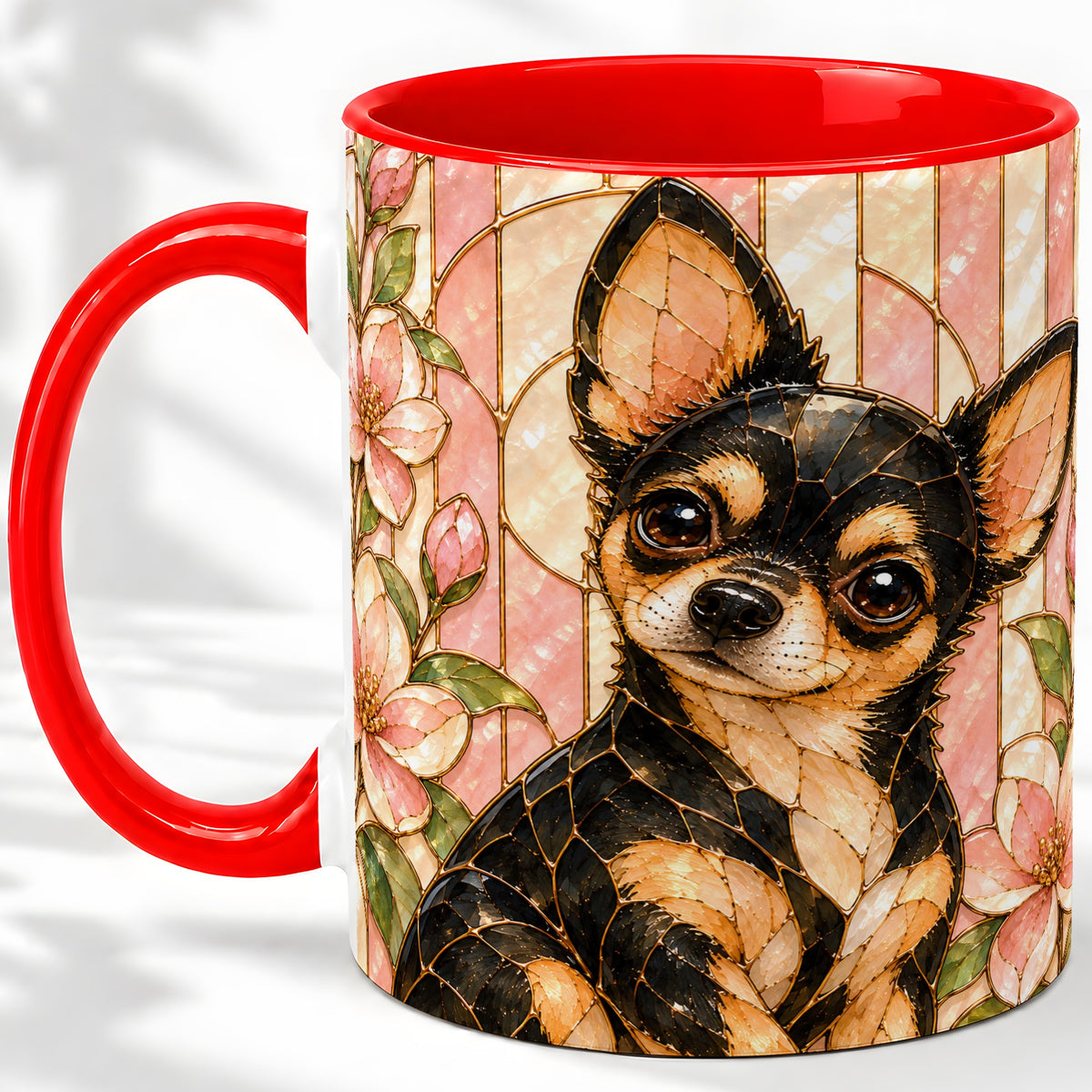 Black Tan Chihuahua Ceramic Mug, Pink Floral Stained Glass Style