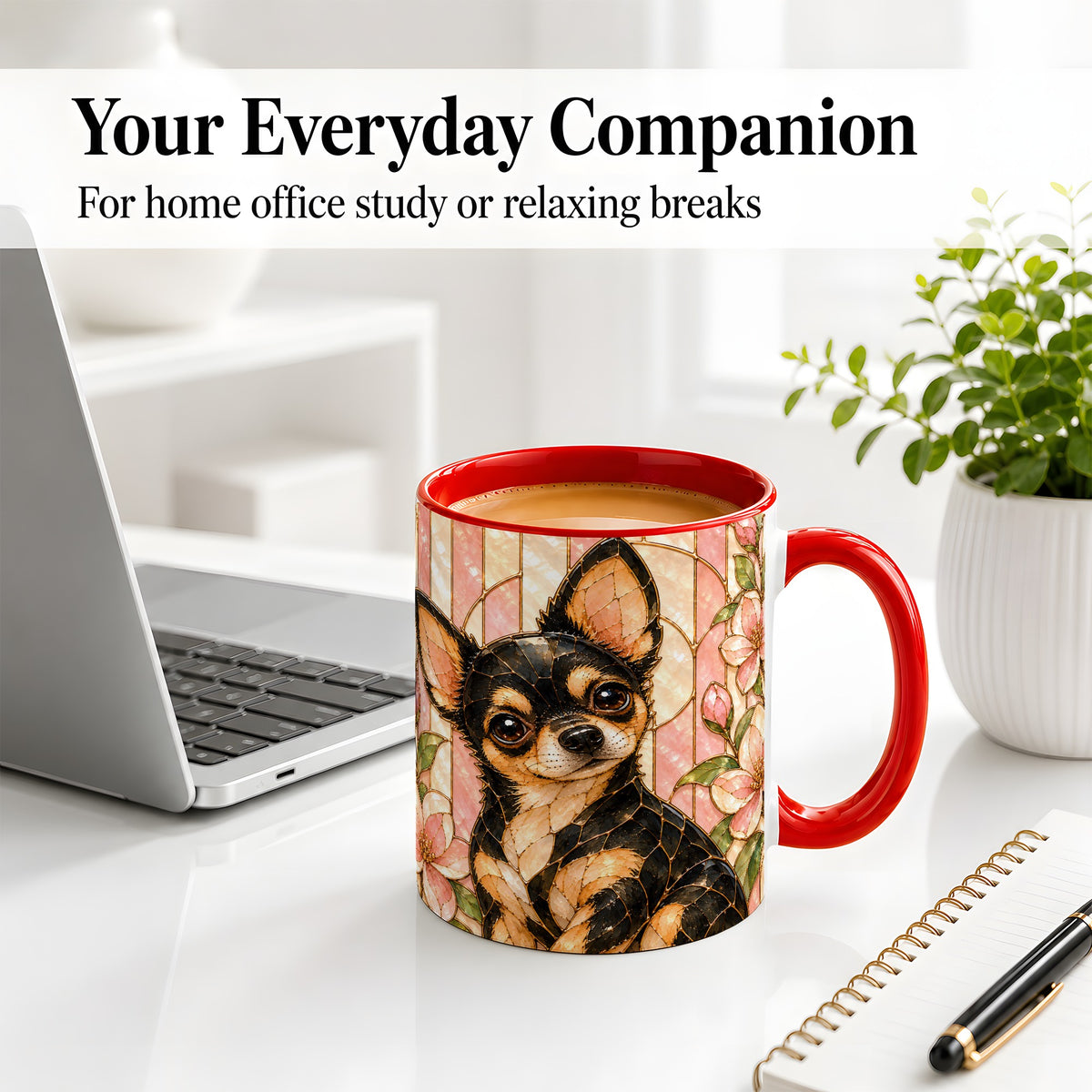 #pl[11oz|Red] Black Tan Chihuahua Ceramic Mug, Pink Floral Stained Glass Style