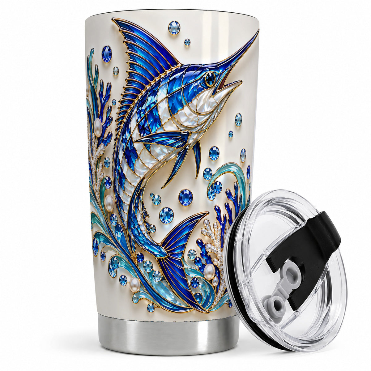 Blue Billfish 20oz Tumbler, Faceted Ocean Coral and Pearl Artwork
