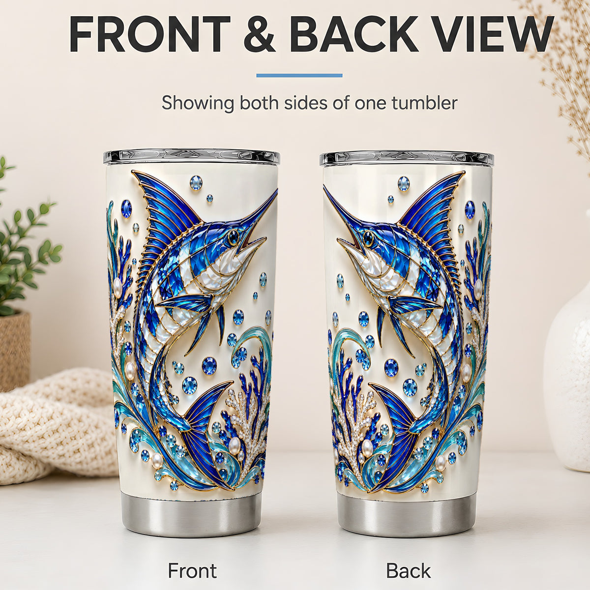 #pl[20oz|Steel] Blue Billfish 20oz Tumbler, Faceted Ocean Coral and Pearl Artwork