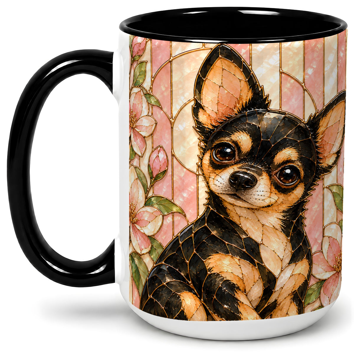 #pl[15oz|Black] Black Tan Chihuahua Ceramic Mug, Pink Floral Stained Glass Style