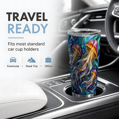 Colorful Jellyfish 20oz Tumbler, Swirling Ocean Wave Artwork