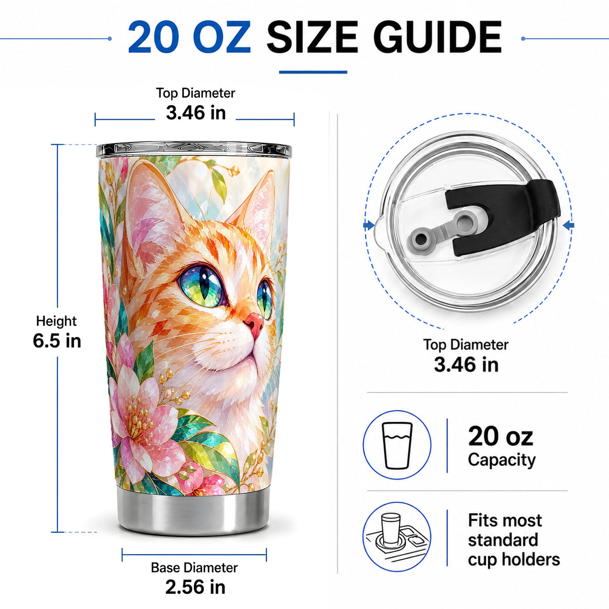 #pl[20oz|Steel] Orange Cat Floral 20oz Tumbler, Pink Blossom Artwork for Cat Lovers