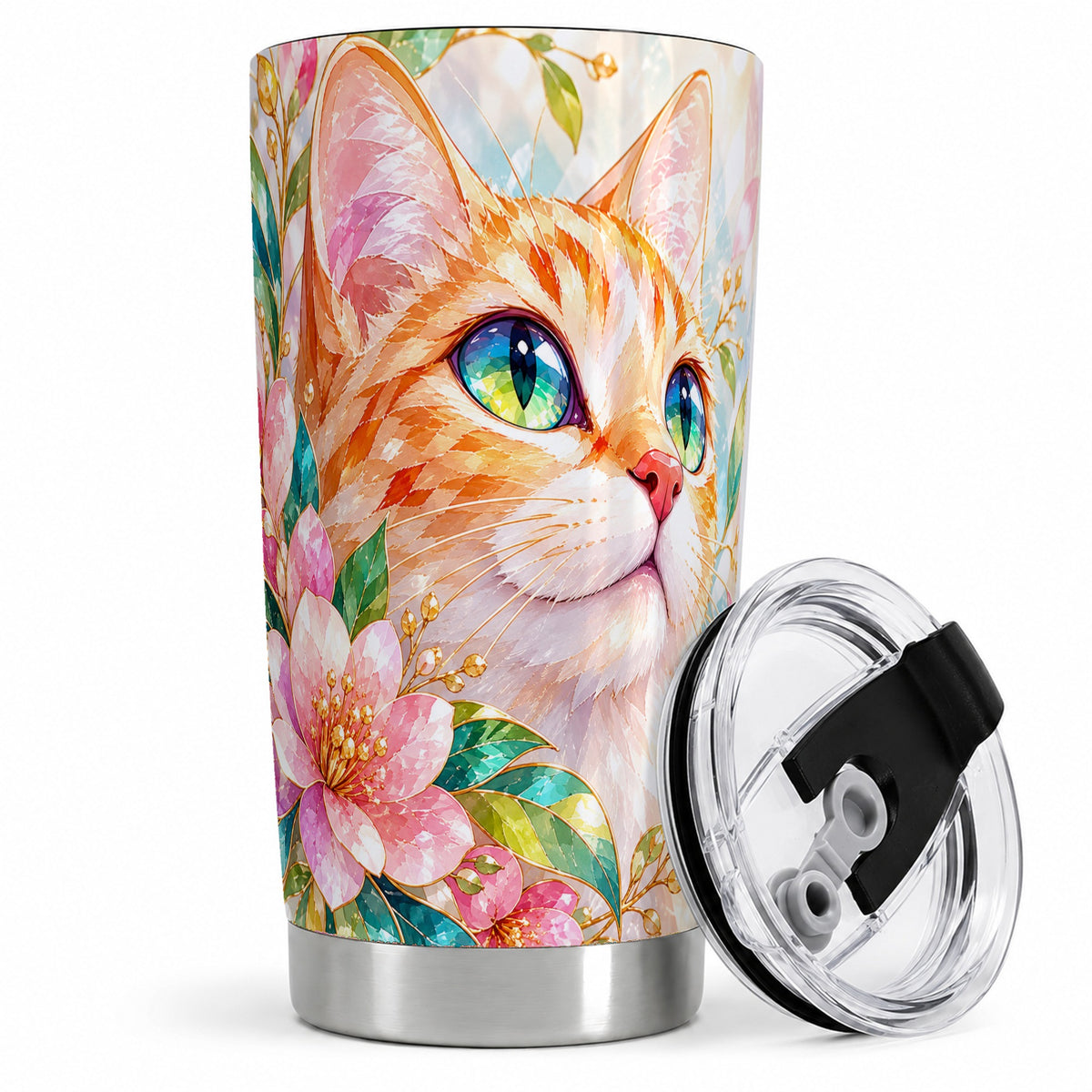 Orange Cat Floral 20oz Tumbler, Pink Blossom Artwork for Cat Lovers